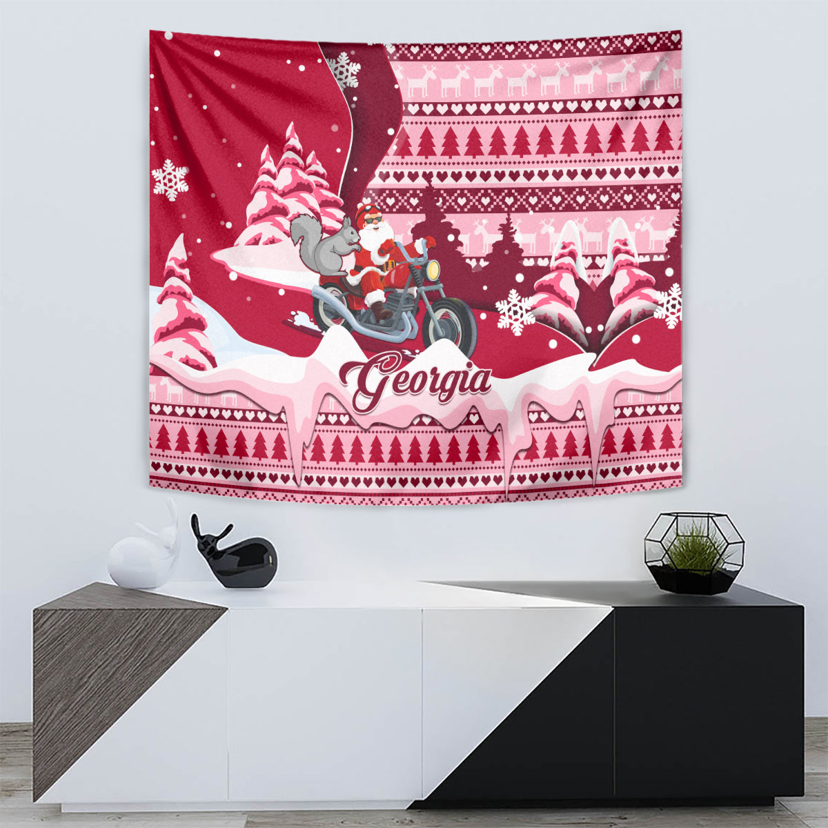 Georgia Christmas Tapestry Santa Claus Riding Motorcycle With Gray Squirrel - Wonder Print Shop