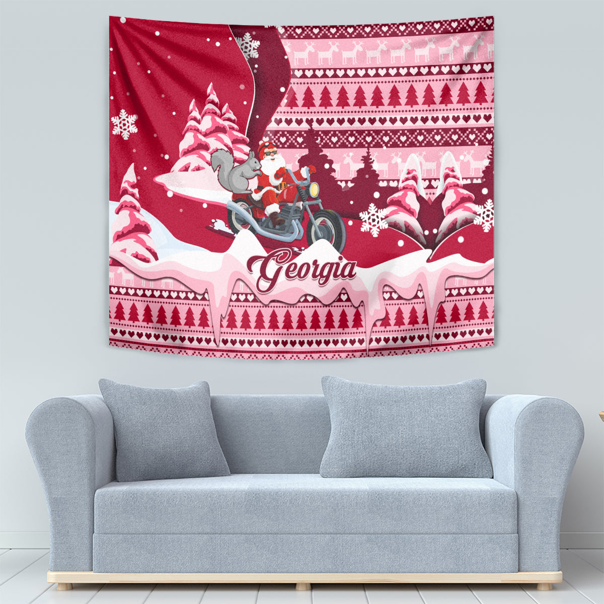 Georgia Christmas Tapestry Santa Claus Riding Motorcycle With Gray Squirrel - Wonder Print Shop