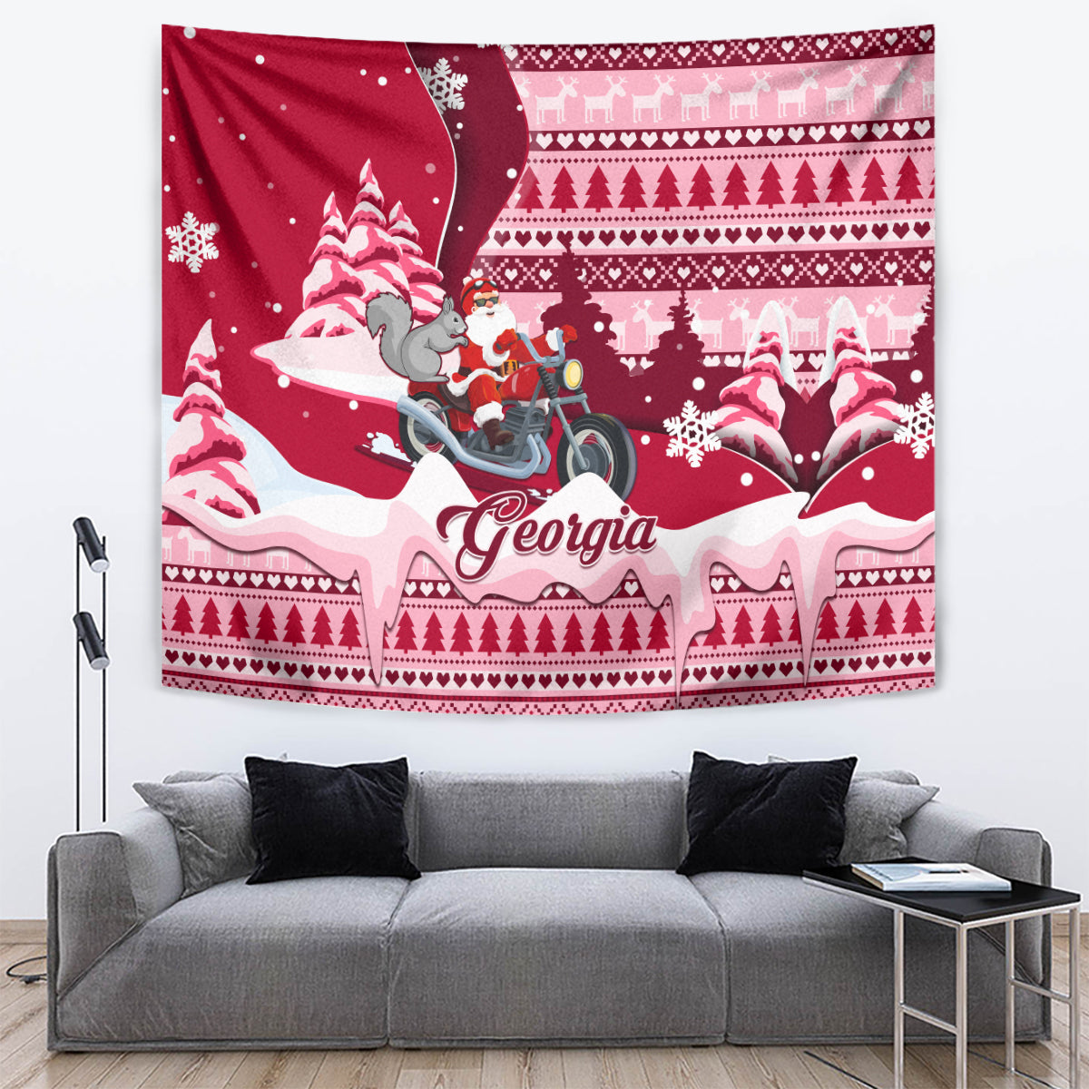 Georgia Christmas Tapestry Santa Claus Riding Motorcycle With Gray Squirrel - Wonder Print Shop