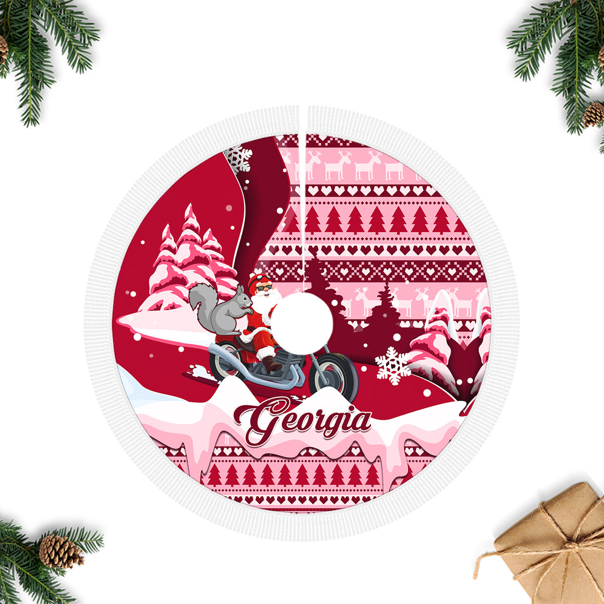 Georgia Christmas Tree Skirt Santa Claus Riding Motorcycle With Gray Squirrel - Wonder Print Shop