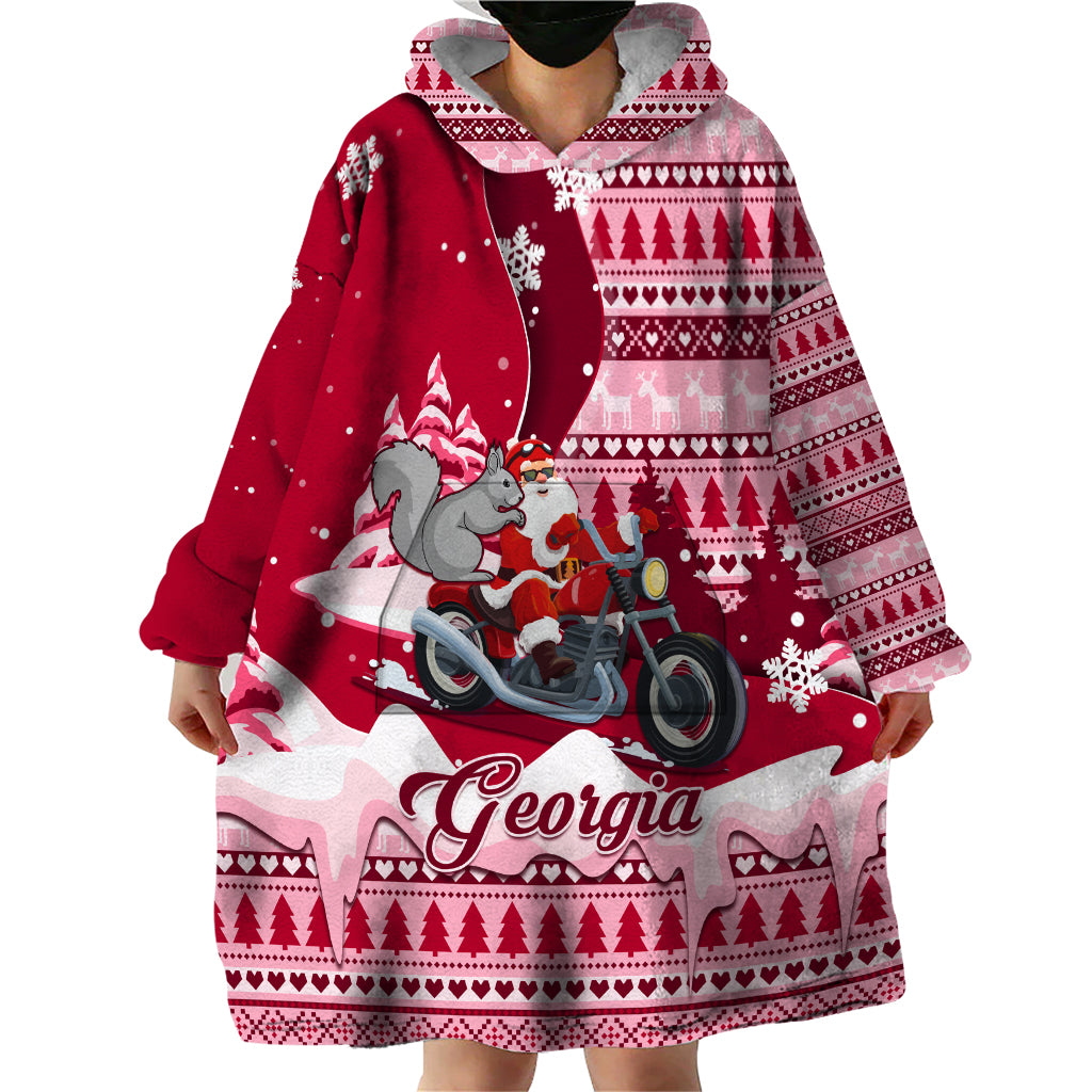 Georgia Christmas Wearable Blanket Hoodie Santa Claus Riding Motorcycle With Gray Squirrel - Wonder Print Shop