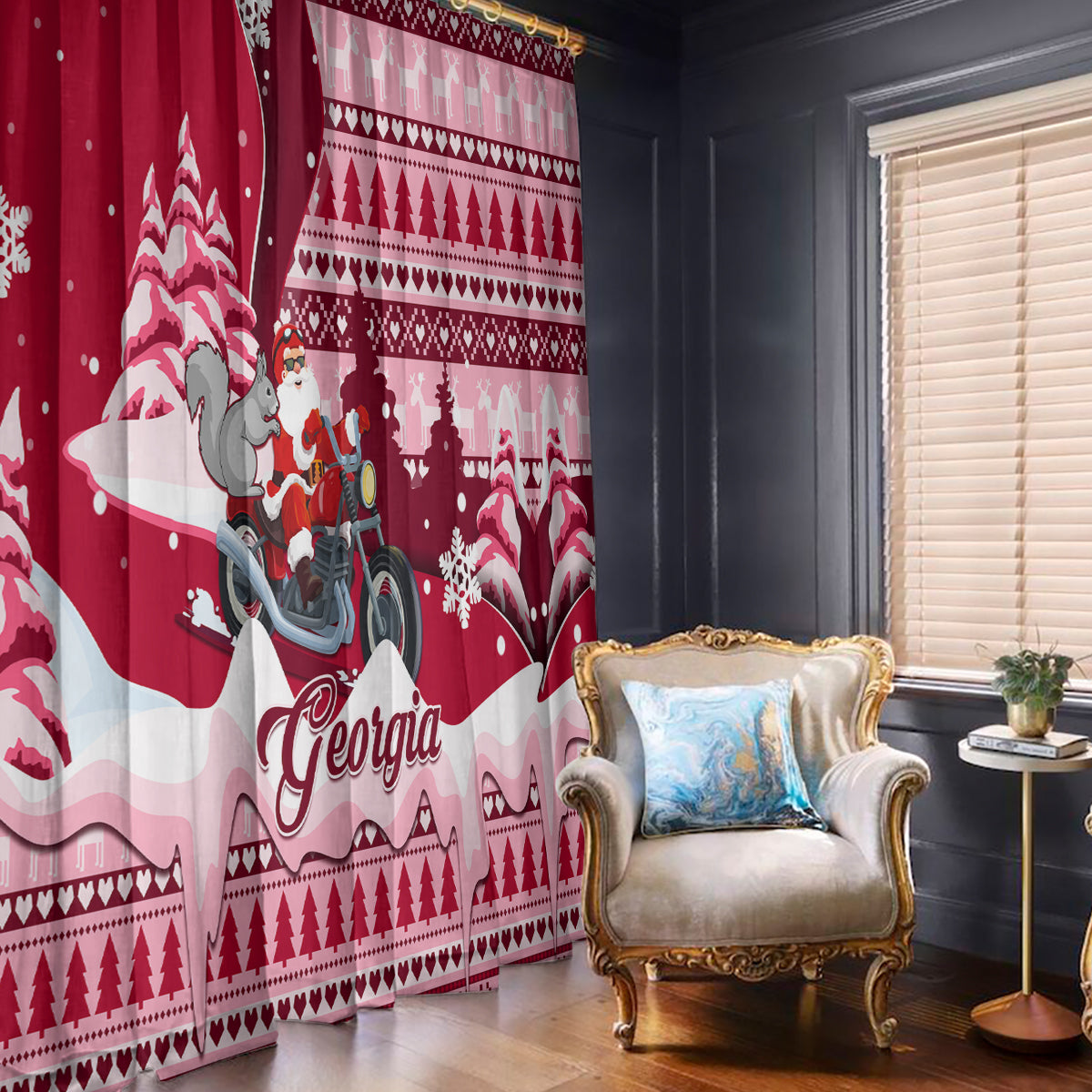 Georgia Christmas Window Curtain Santa Claus Riding Motorcycle With Gray Squirrel - Wonder Print Shop
