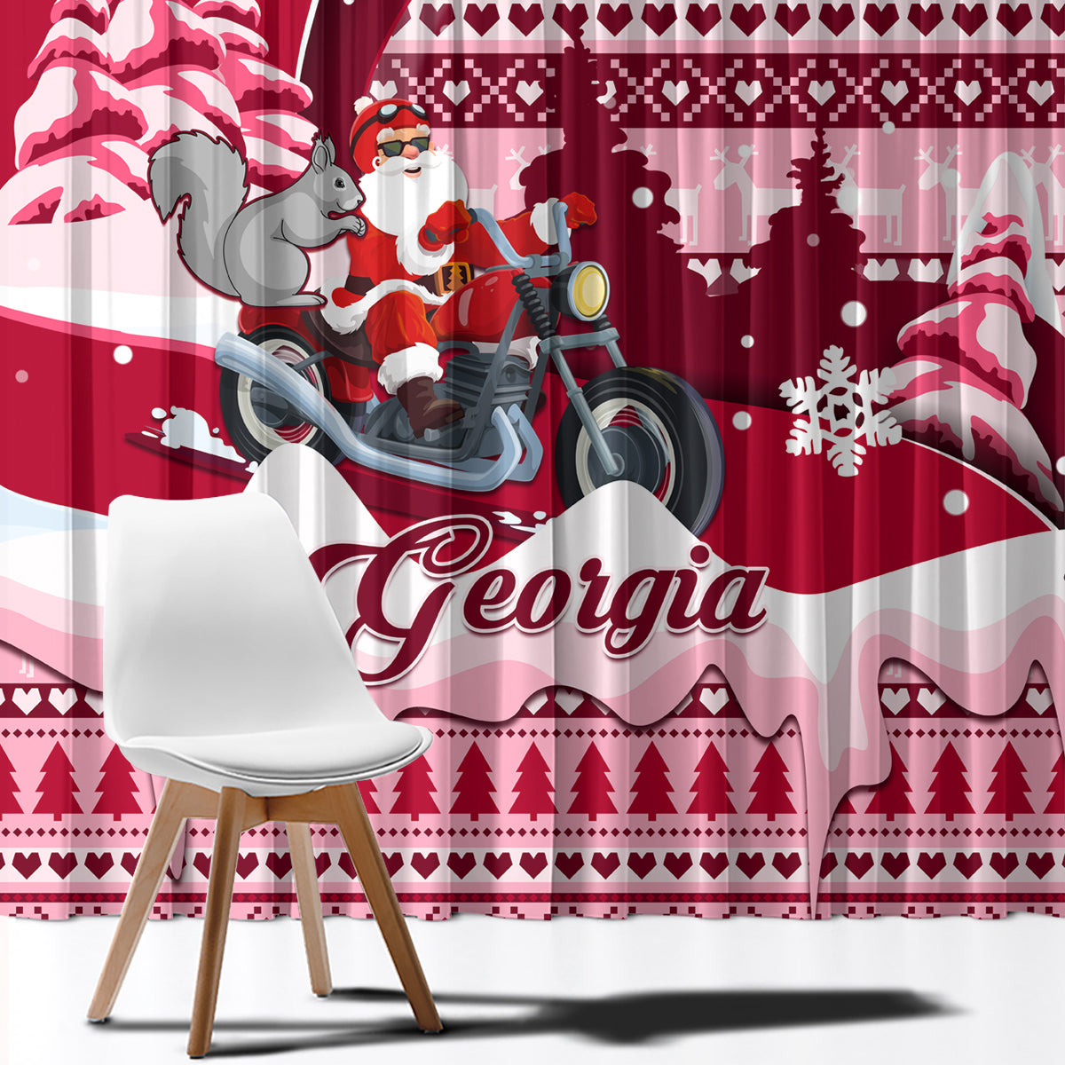 Georgia Christmas Window Curtain Santa Claus Riding Motorcycle With Gray Squirrel - Wonder Print Shop