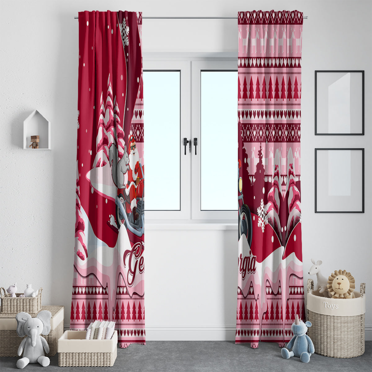 Georgia Christmas Window Curtain Santa Claus Riding Motorcycle With Gray Squirrel - Wonder Print Shop