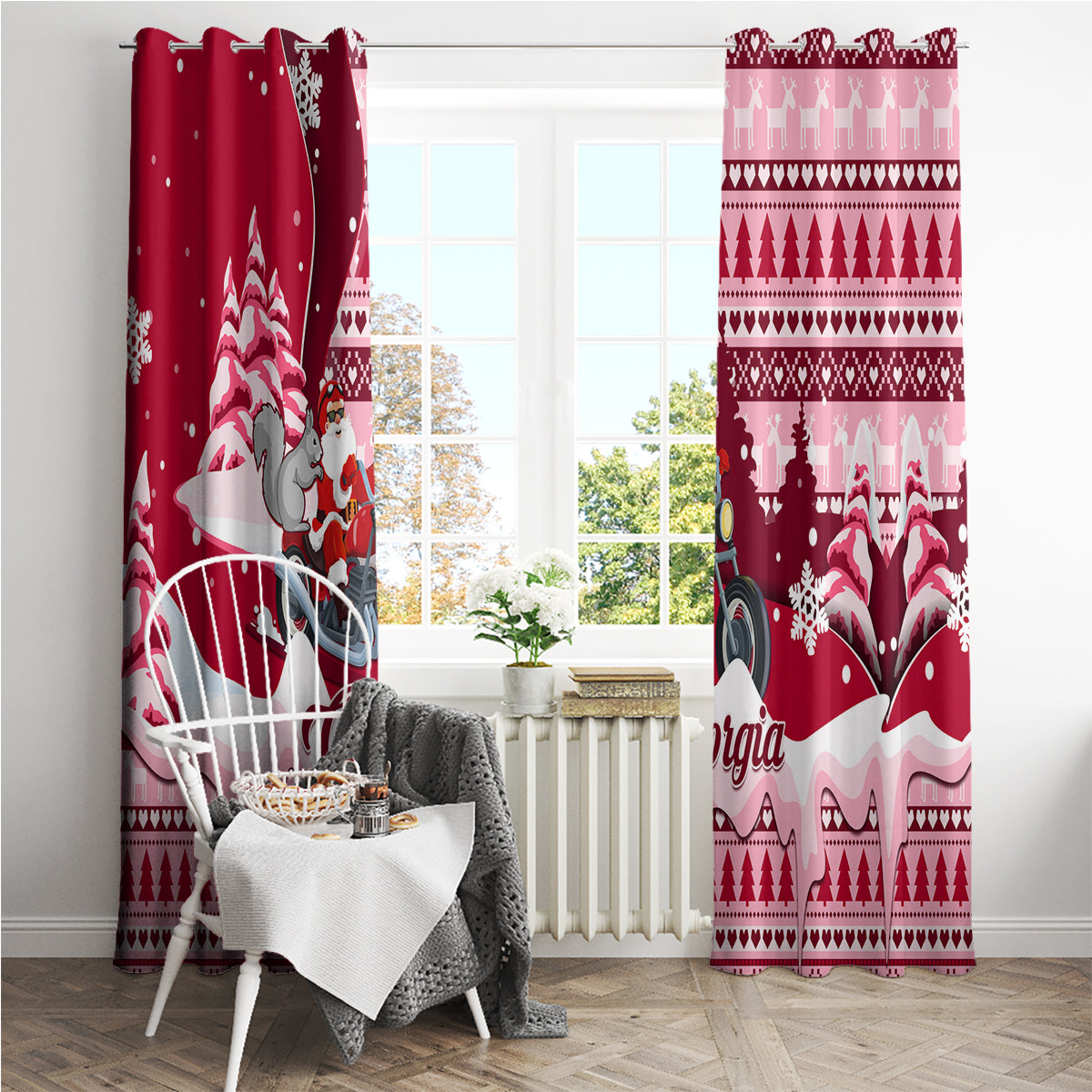 Georgia Christmas Window Curtain Santa Claus Riding Motorcycle With Gray Squirrel - Wonder Print Shop