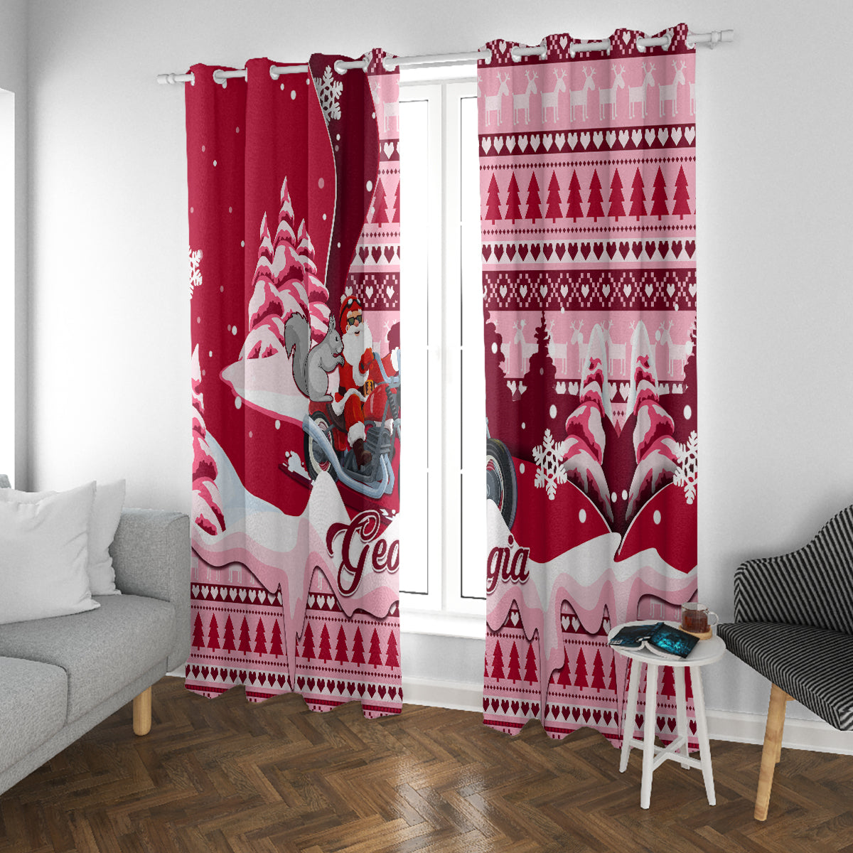 Georgia Christmas Window Curtain Santa Claus Riding Motorcycle With Gray Squirrel - Wonder Print Shop