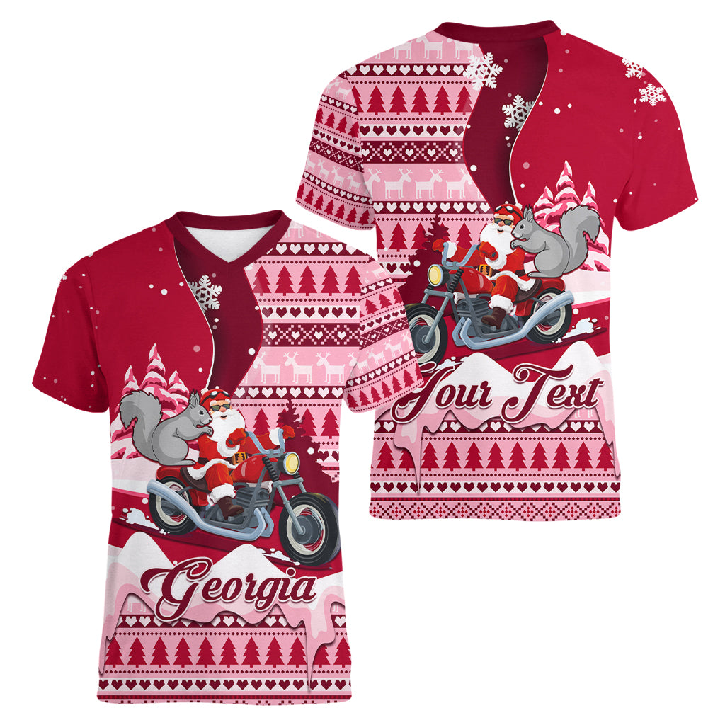 Georgia Christmas Women V Neck T Shirt Santa Claus Riding Motorcycle With Gray Squirrel - Wonder Print Shop