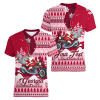 Georgia Christmas Women V Neck T Shirt Santa Claus Riding Motorcycle With Gray Squirrel - Wonder Print Shop