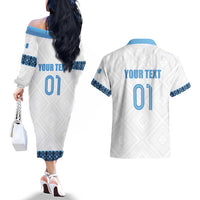 Custom Guatemala Football Couples Matching Off The Shoulder Long Sleeve Dress and Hawaiian Shirt La Azul y Blanco Come On