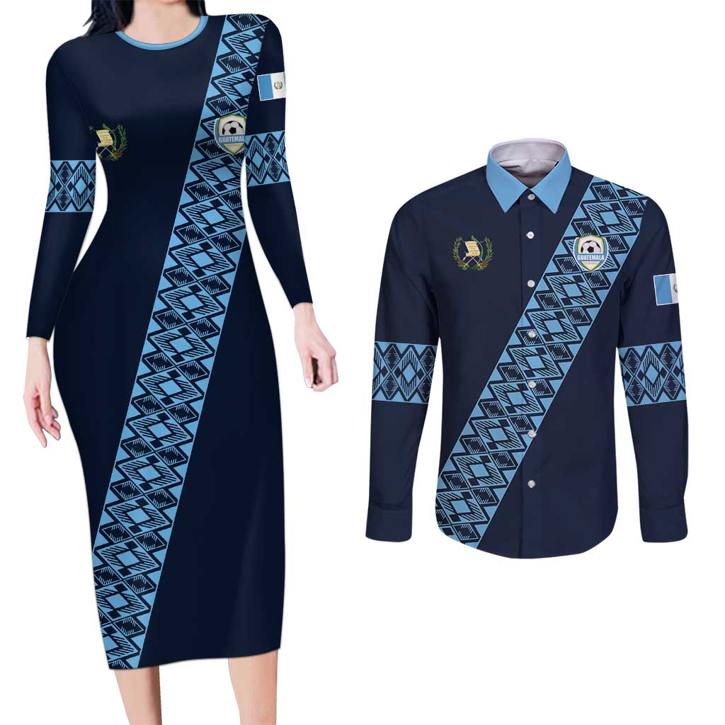 Custom Guatemala Football Couples Matching Long Sleeve Bodycon Dress and Long Sleeve Button Shirt Vamos Los Chapines