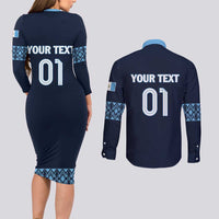 Custom Guatemala Football Couples Matching Long Sleeve Bodycon Dress and Long Sleeve Button Shirt Vamos Los Chapines