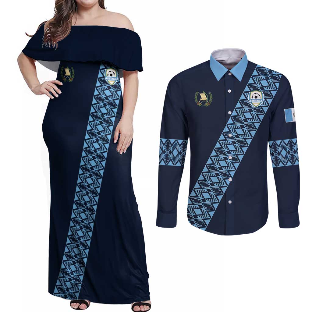 Custom Guatemala Football Couples Matching Off Shoulder Maxi Dress and Long Sleeve Button Shirt Vamos Los Chapines