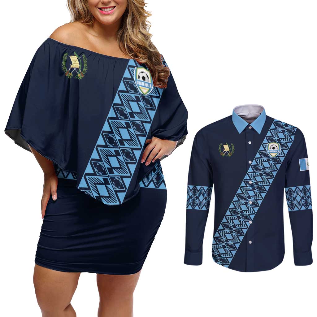 Custom Guatemala Football Couples Matching Off Shoulder Short Dress and Long Sleeve Button Shirt Vamos Los Chapines
