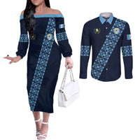 Custom Guatemala Football Couples Matching Off The Shoulder Long Sleeve Dress and Long Sleeve Button Shirt Vamos Los Chapines