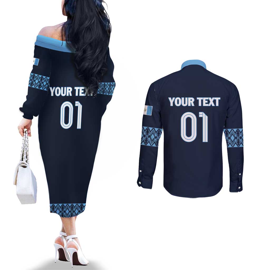 Custom Guatemala Football Couples Matching Off The Shoulder Long Sleeve Dress and Long Sleeve Button Shirt Vamos Los Chapines