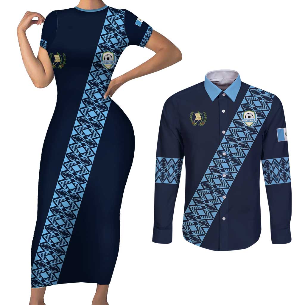 Custom Guatemala Football Couples Matching Short Sleeve Bodycon Dress and Long Sleeve Button Shirt Vamos Los Chapines