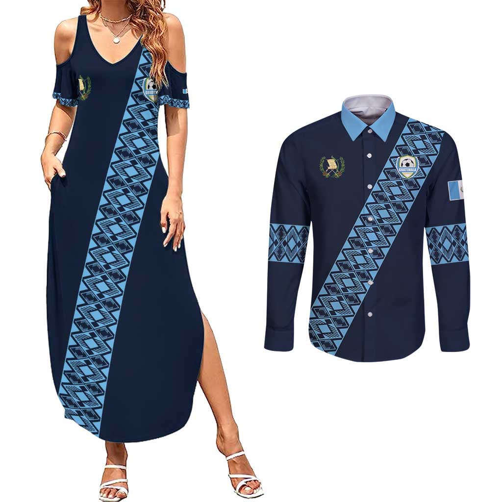 Custom Guatemala Football Couples Matching Summer Maxi Dress and Long Sleeve Button Shirt Vamos Los Chapines
