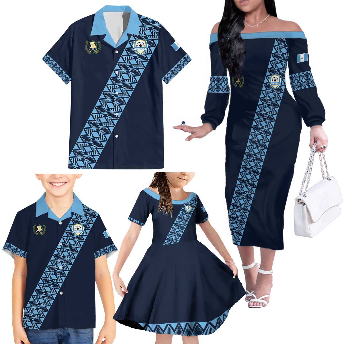Custom Guatemala Football Family Matching Off The Shoulder Long Sleeve Dress and Hawaiian Shirt Vamos Los Chapines