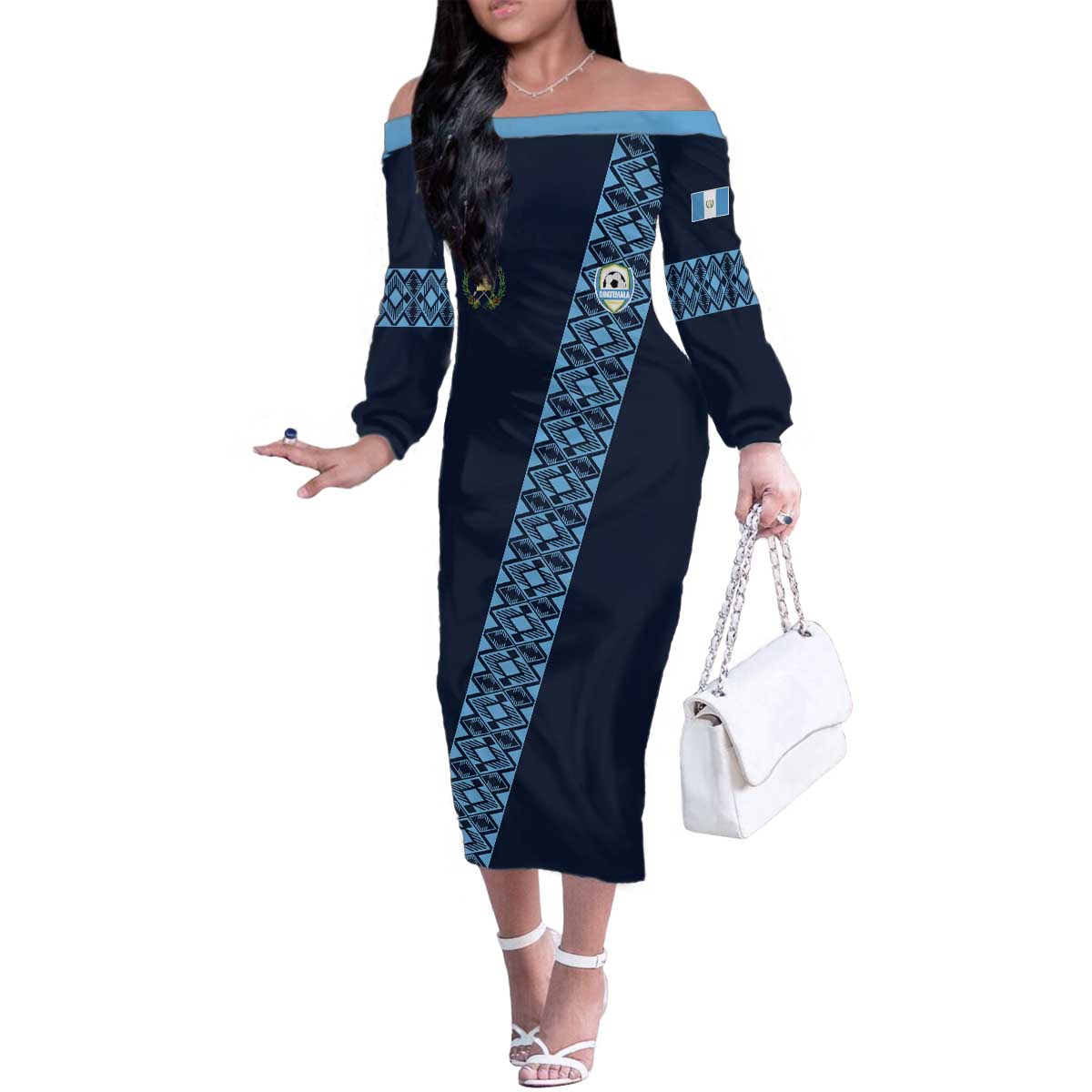 Custom Guatemala Football Family Matching Off The Shoulder Long Sleeve Dress and Hawaiian Shirt Vamos Los Chapines