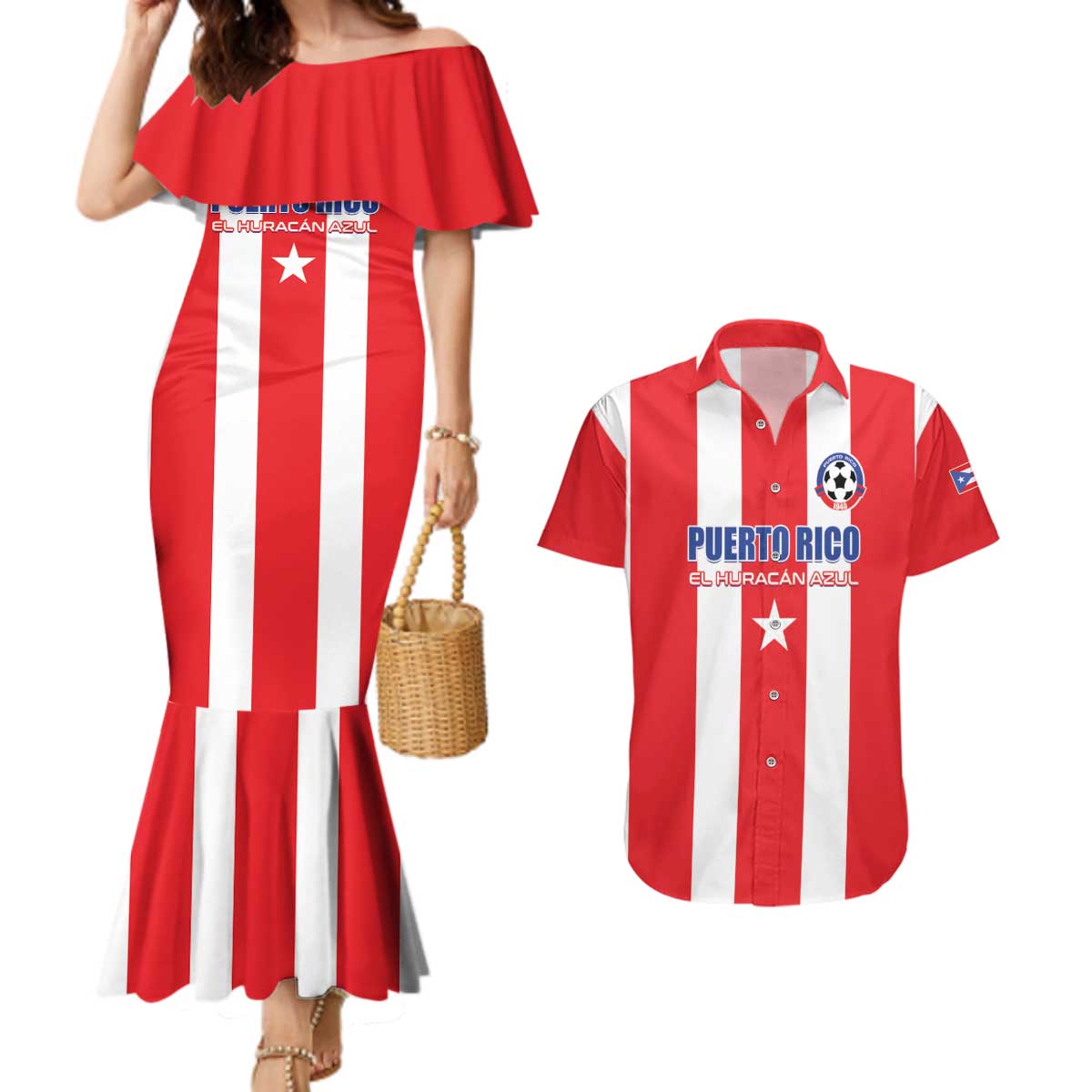 Custom Puerto Rico Football Couples Matching Mermaid Dress and Hawaiian Shirt Go The Blue Hurricane
