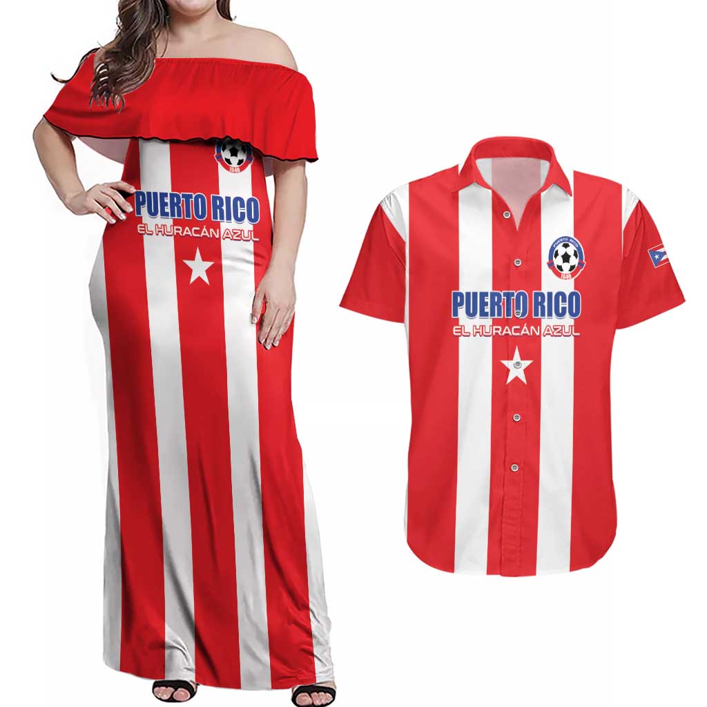 Custom Puerto Rico Football Couples Matching Off Shoulder Maxi Dress and Hawaiian Shirt Go The Blue Hurricane