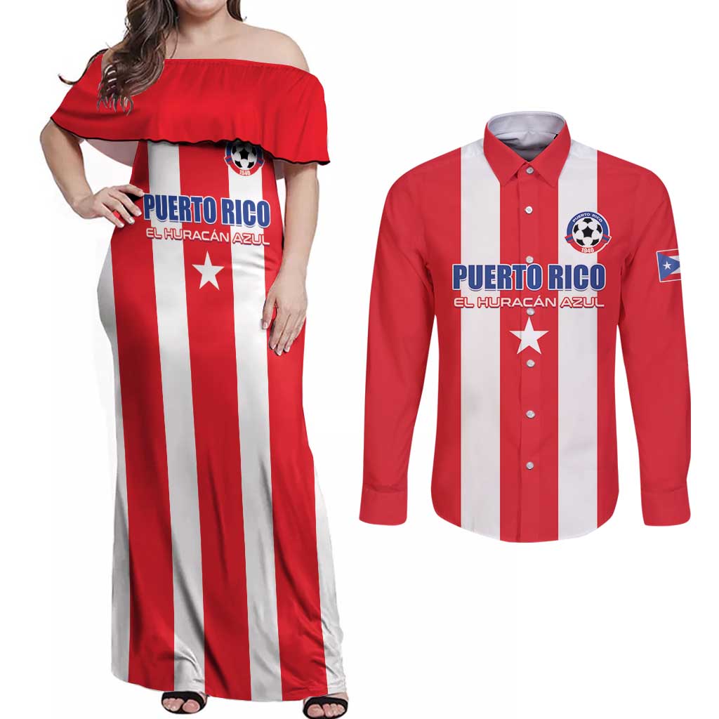 Custom Puerto Rico Football Couples Matching Off Shoulder Maxi Dress and Long Sleeve Button Shirt Go The Blue Hurricane