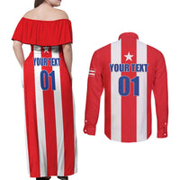 Custom Puerto Rico Football Couples Matching Off Shoulder Maxi Dress and Long Sleeve Button Shirt Go The Blue Hurricane