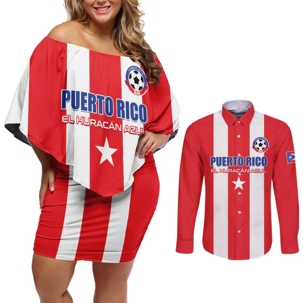 Custom Puerto Rico Football Couples Matching Off Shoulder Short Dress and Long Sleeve Button Shirt Go The Blue Hurricane