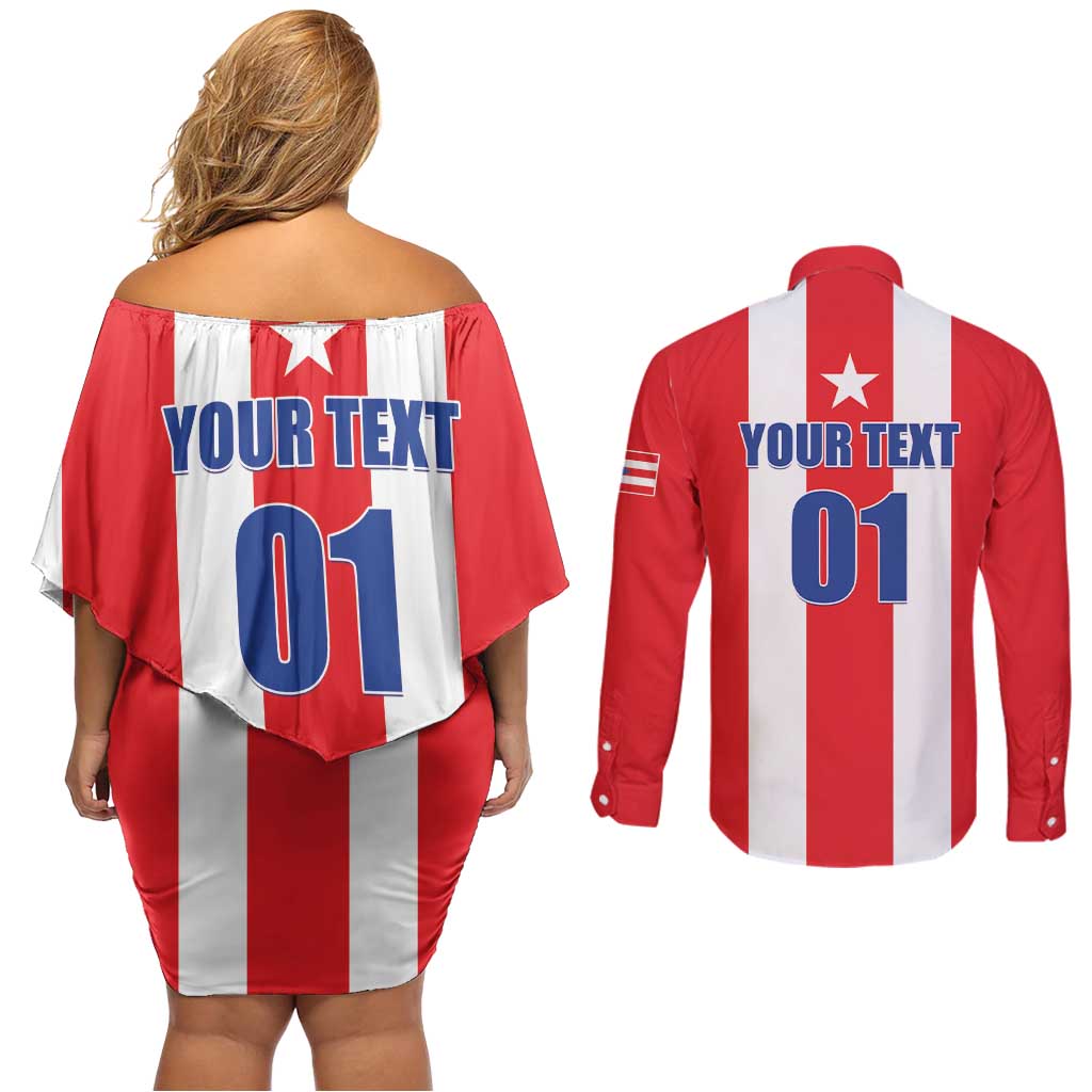 Custom Puerto Rico Football Couples Matching Off Shoulder Short Dress and Long Sleeve Button Shirt Go The Blue Hurricane