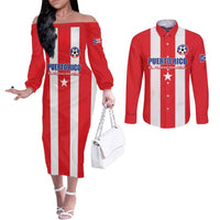 Custom Puerto Rico Football Couples Matching Off The Shoulder Long Sleeve Dress and Long Sleeve Button Shirt Go The Blue Hurricane