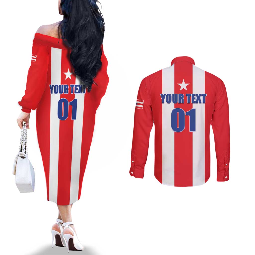 Custom Puerto Rico Football Couples Matching Off The Shoulder Long Sleeve Dress and Long Sleeve Button Shirt Go The Blue Hurricane