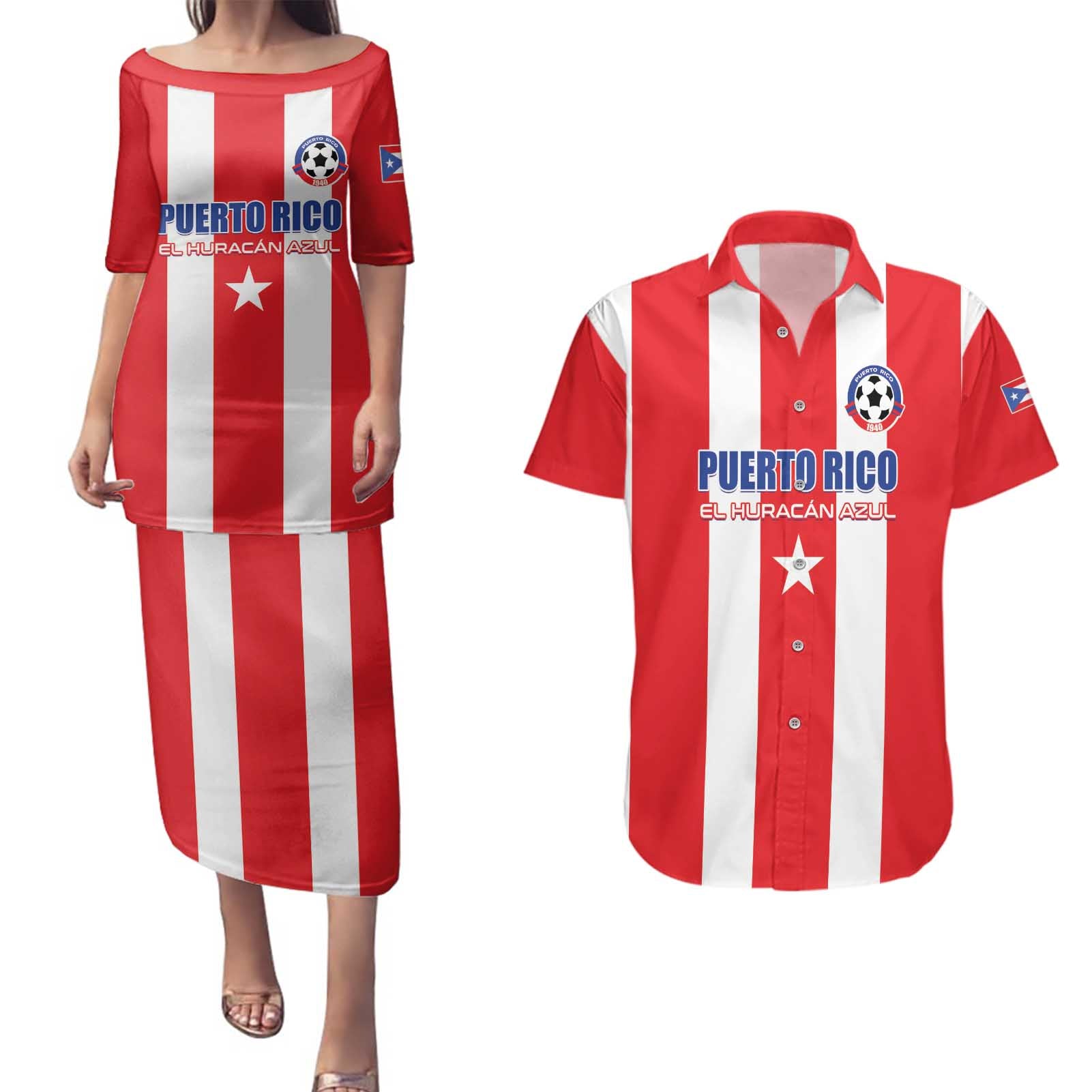 Custom Puerto Rico Football Couples Matching Puletasi and Hawaiian Shirt Go The Blue Hurricane