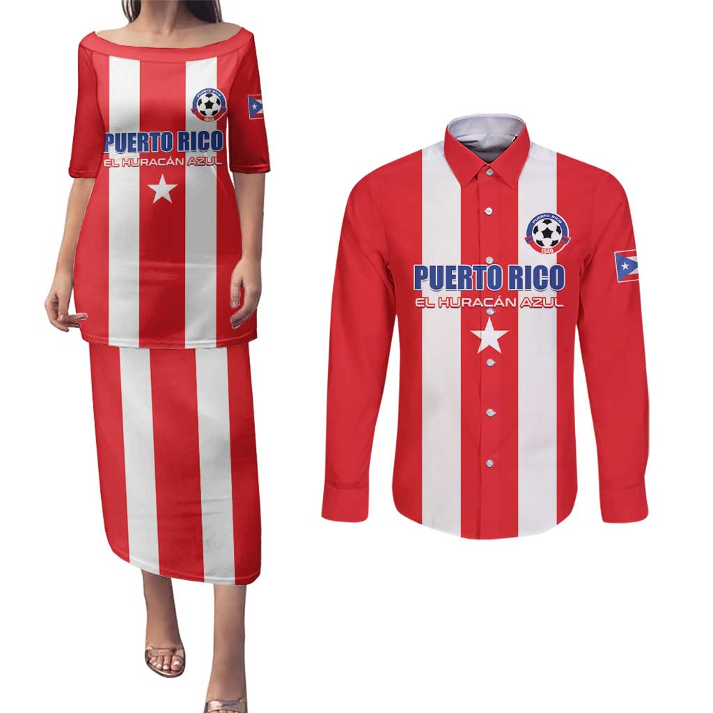 Custom Puerto Rico Football Couples Matching Puletasi and Long Sleeve Button Shirt Go The Blue Hurricane