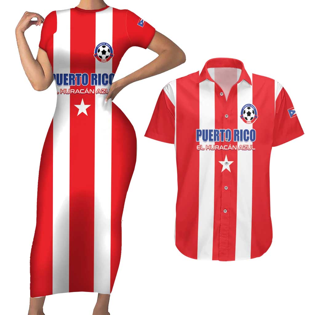 Custom Puerto Rico Football Couples Matching Short Sleeve Bodycon Dress and Hawaiian Shirt Go The Blue Hurricane