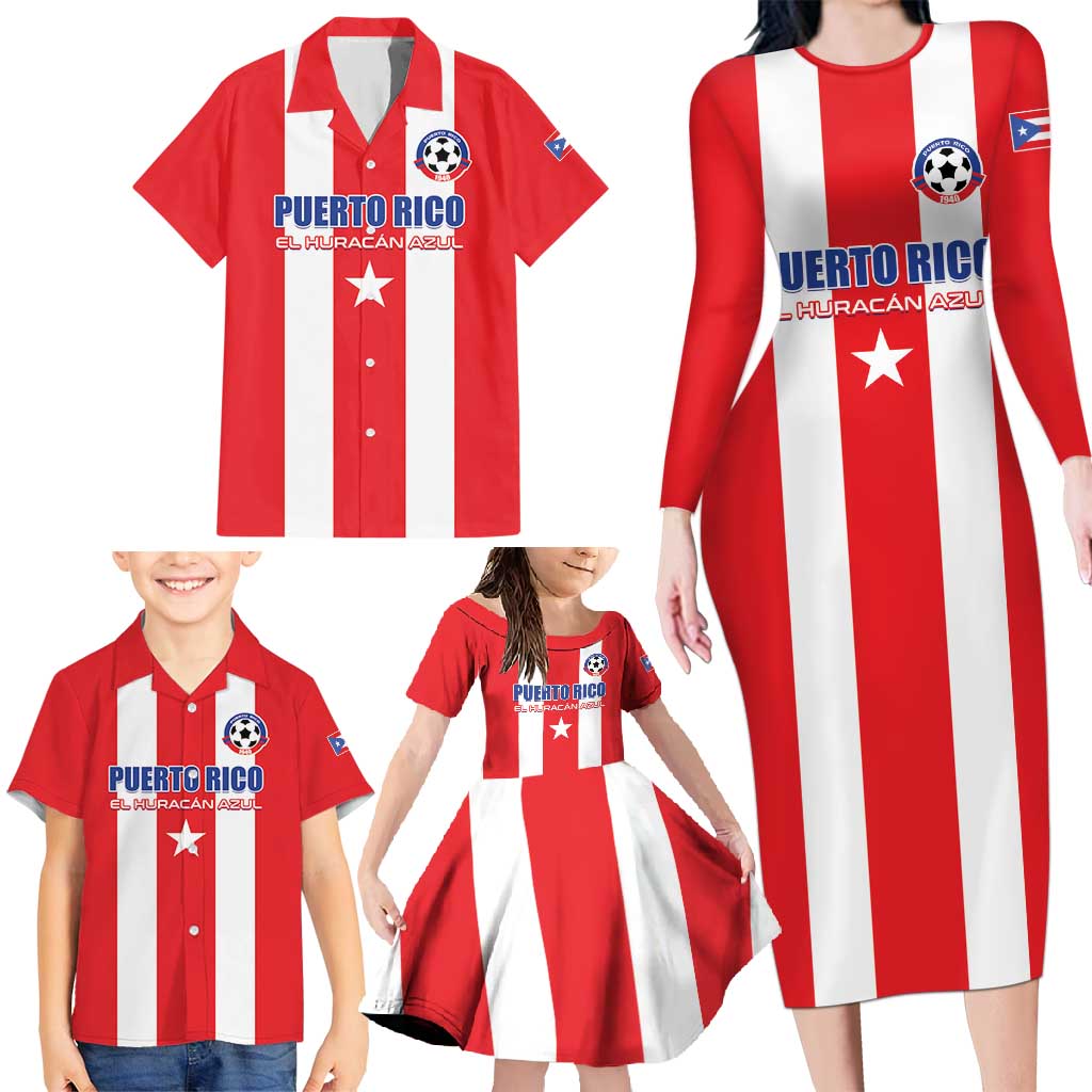 Custom Puerto Rico Football Family Matching Long Sleeve Bodycon Dress and Hawaiian Shirt Go The Blue Hurricane