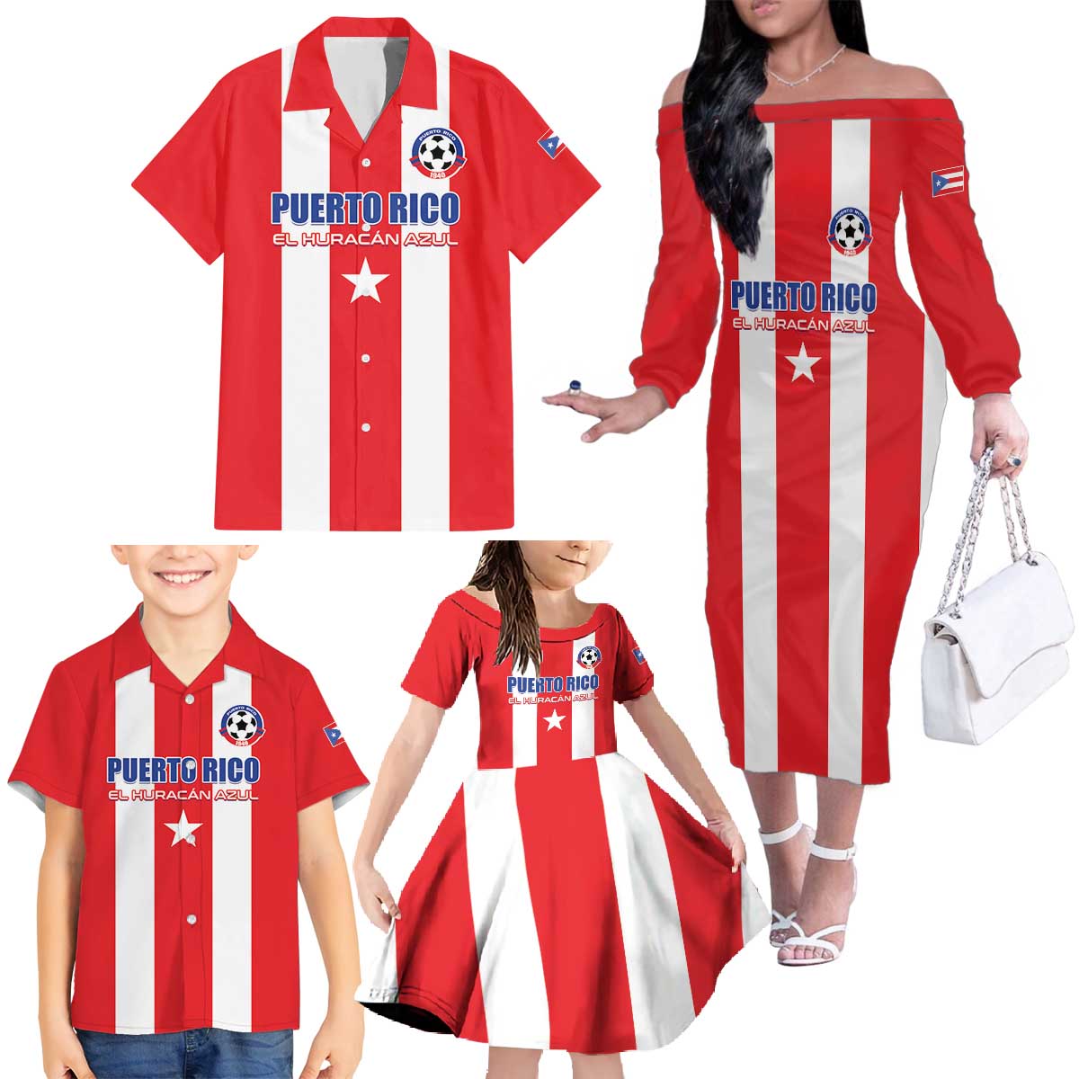 Custom Puerto Rico Football Family Matching Off The Shoulder Long Sleeve Dress and Hawaiian Shirt Go The Blue Hurricane