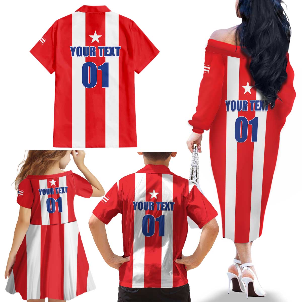 Custom Puerto Rico Football Family Matching Off The Shoulder Long Sleeve Dress and Hawaiian Shirt Go The Blue Hurricane