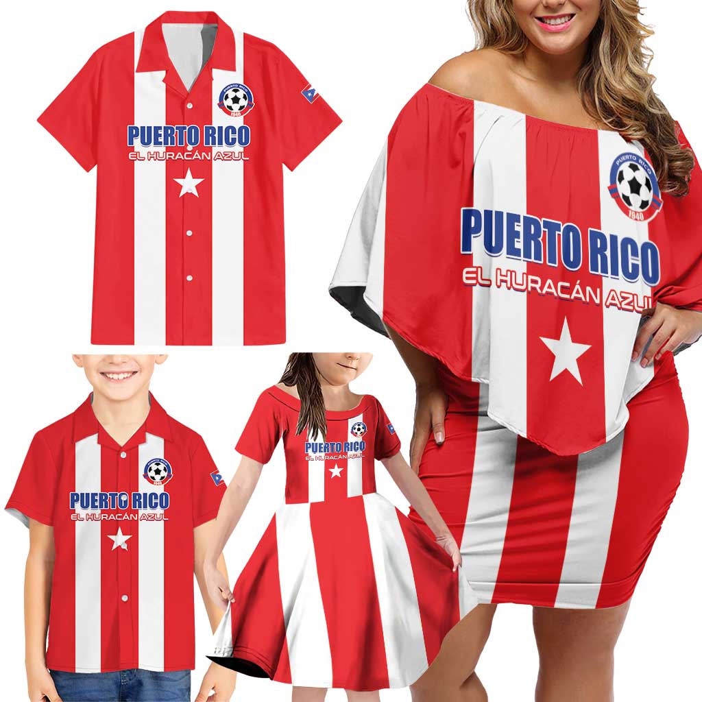 Custom Puerto Rico Football Family Matching Off Shoulder Short Dress and Hawaiian Shirt Go The Blue Hurricane