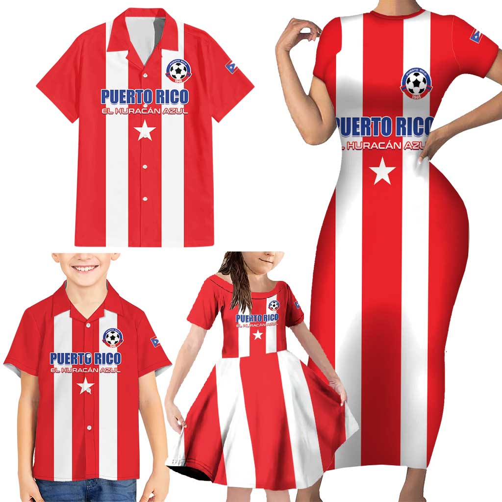 Custom Puerto Rico Football Family Matching Short Sleeve Bodycon Dress and Hawaiian Shirt Go The Blue Hurricane