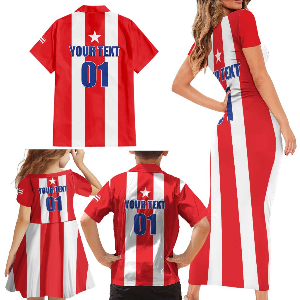 Custom Puerto Rico Football Family Matching Short Sleeve Bodycon Dress and Hawaiian Shirt Go The Blue Hurricane