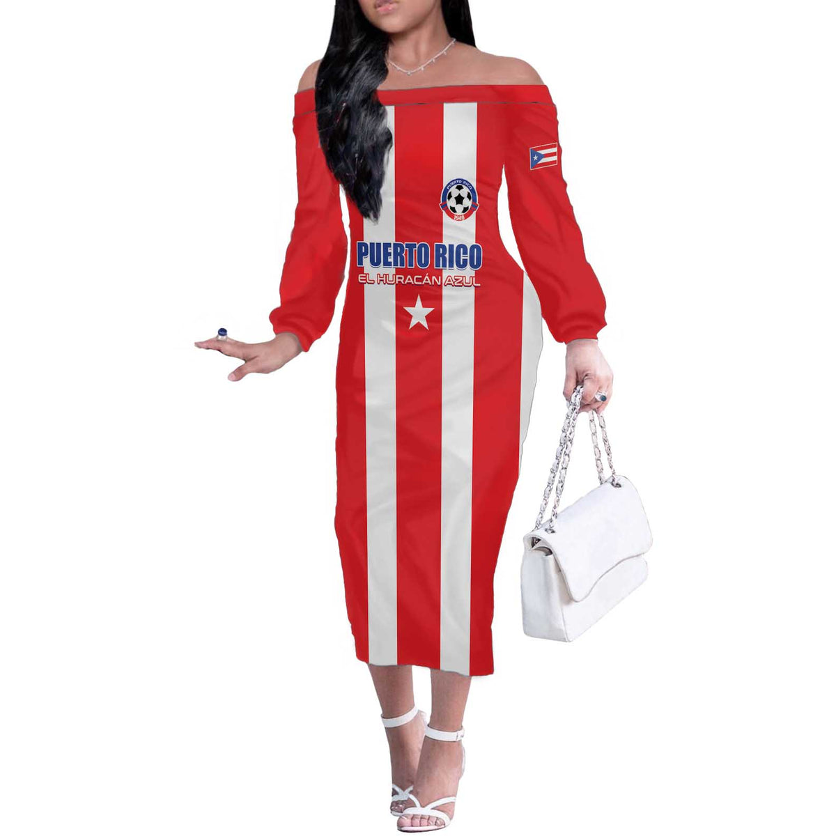 Custom Puerto Rico Football Off The Shoulder Long Sleeve Dress Go The Blue Hurricane