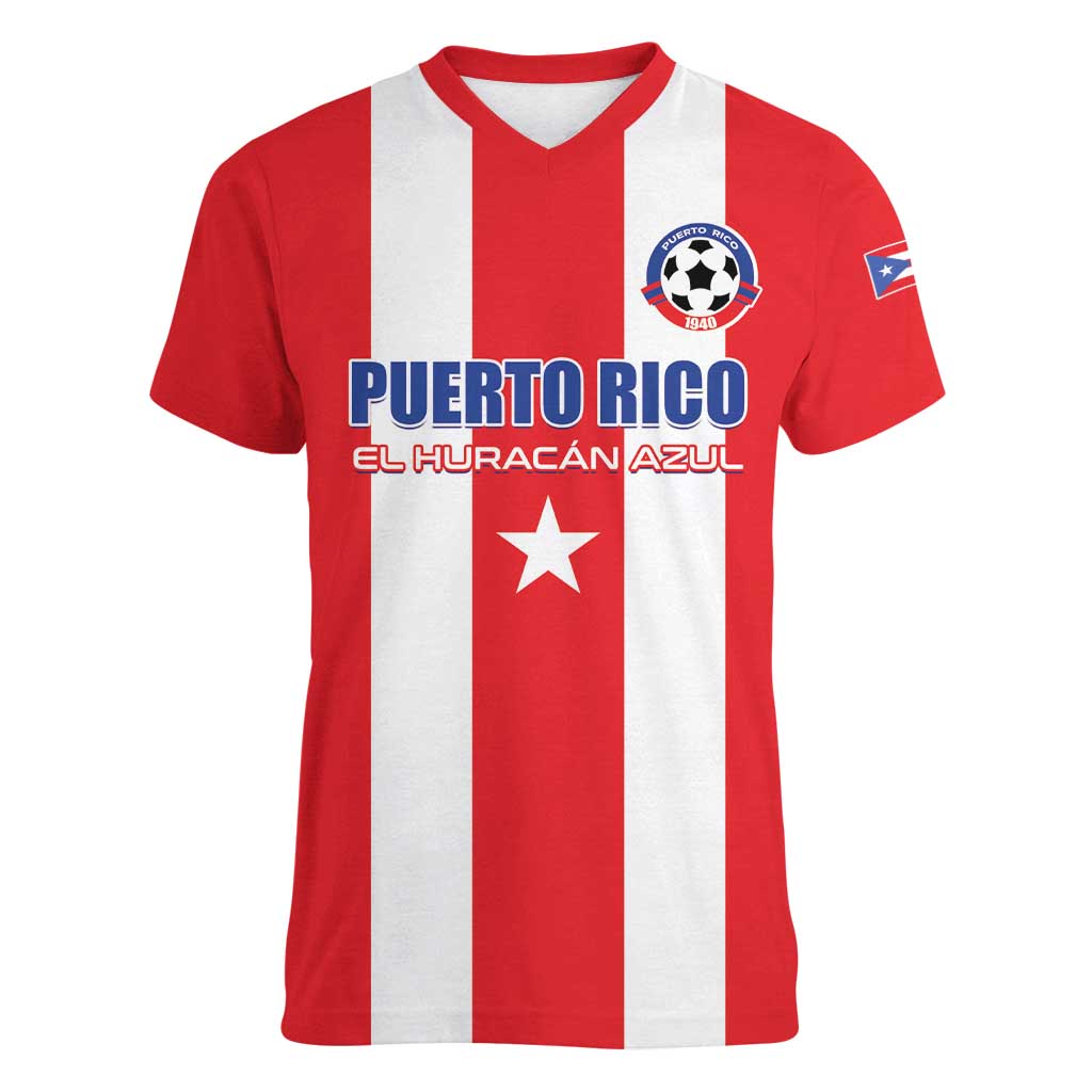 Custom Puerto Rico Football Women V-Neck T-Shirt Go The Blue Hurricane