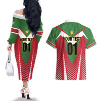 Custom Suriname Football Couples Matching Off The Shoulder Long Sleeve Dress and Hawaiian Shirt Go Sranankondre Fubal Pluga
