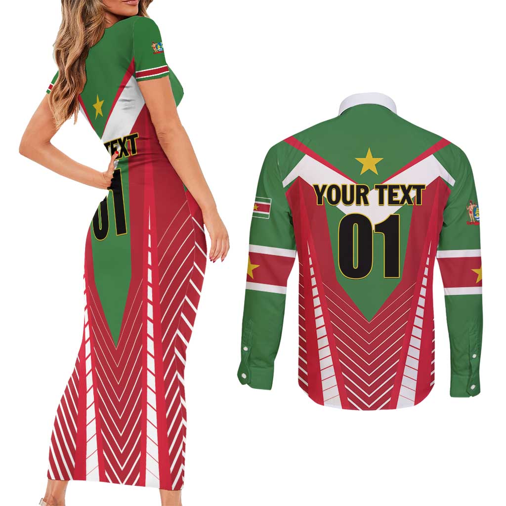 Custom Suriname Football Couples Matching Short Sleeve Bodycon Dress and Long Sleeve Button Shirt Go Sranankondre Fubal Pluga