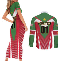 Custom Suriname Football Couples Matching Short Sleeve Bodycon Dress and Long Sleeve Button Shirt Go Sranankondre Fubal Pluga