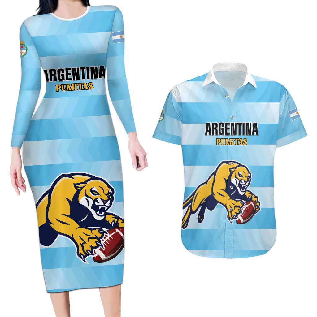 Custom Rugby Argentina Couples Matching Long Sleeve Bodycon Dress and Hawaiian Shirt Pumitas Go Champions