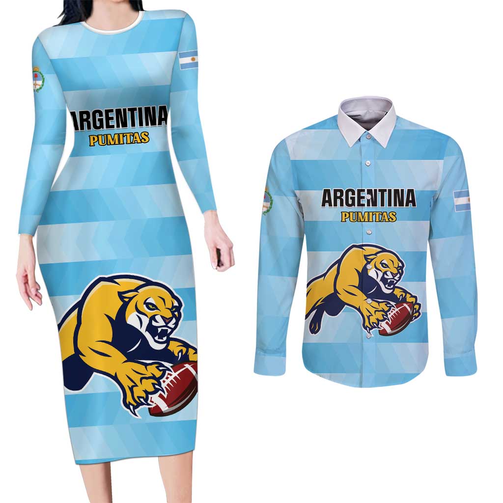 Custom Rugby Argentina Couples Matching Long Sleeve Bodycon Dress and Long Sleeve Button Shirt Pumitas Go Champions