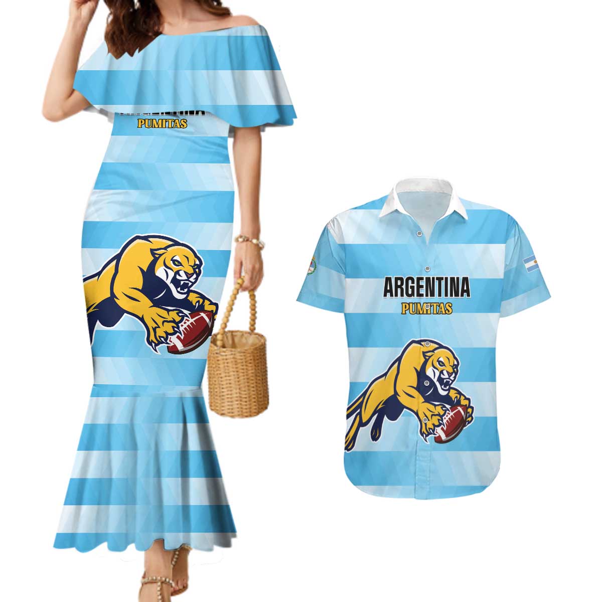 Custom Rugby Argentina Couples Matching Mermaid Dress and Hawaiian Shirt Pumitas Go Champions