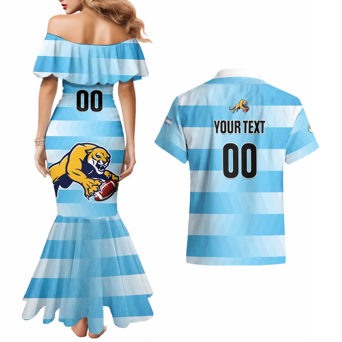 Custom Rugby Argentina Couples Matching Mermaid Dress and Hawaiian Shirt Pumitas Go Champions