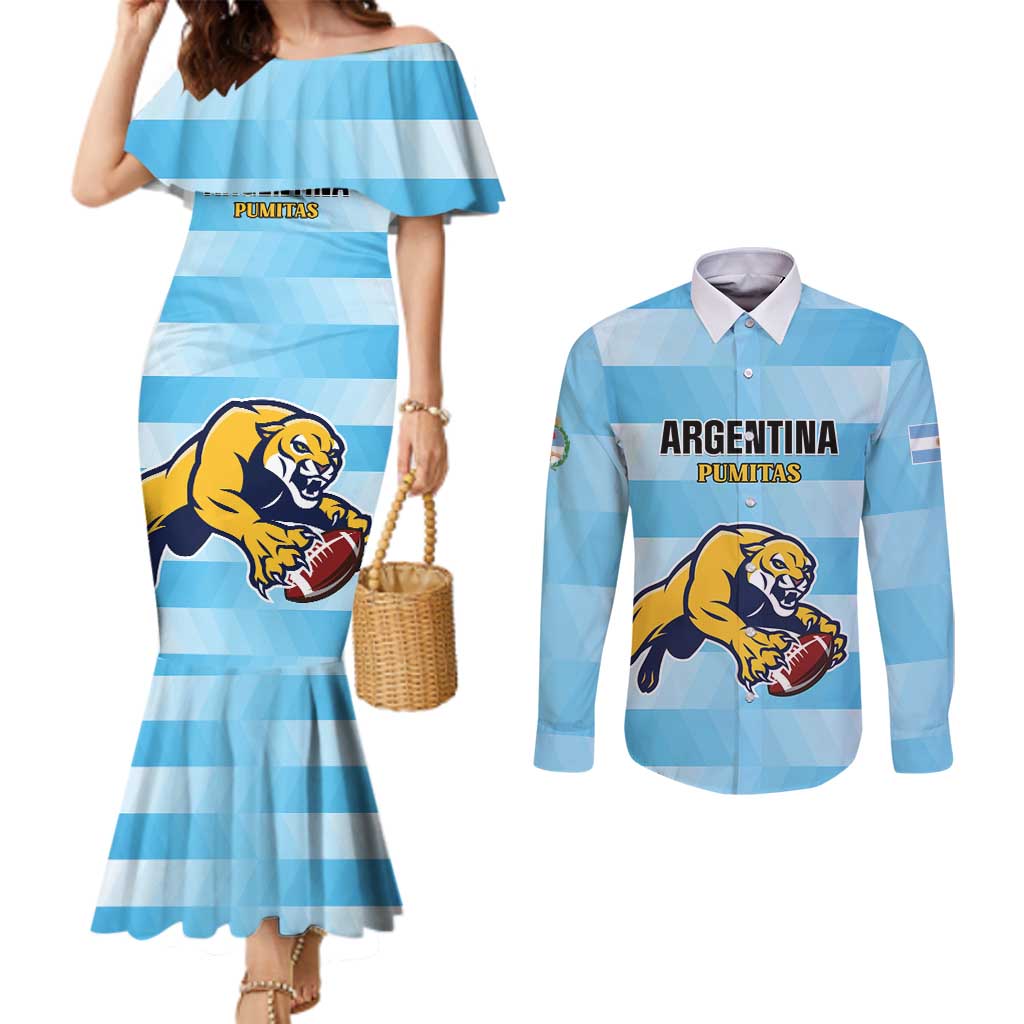 Custom Rugby Argentina Couples Matching Mermaid Dress and Long Sleeve Button Shirt Pumitas Go Champions